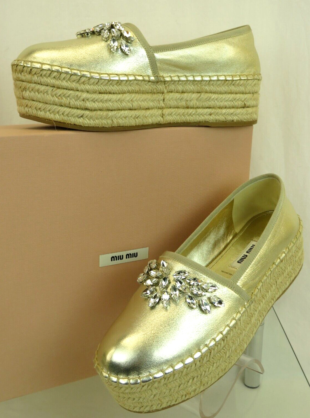 MIU MIU 5S963C GOLD LEATHER CRYSTALS JEWELED ESPADRILLE PLATFORM LOAFERS 41